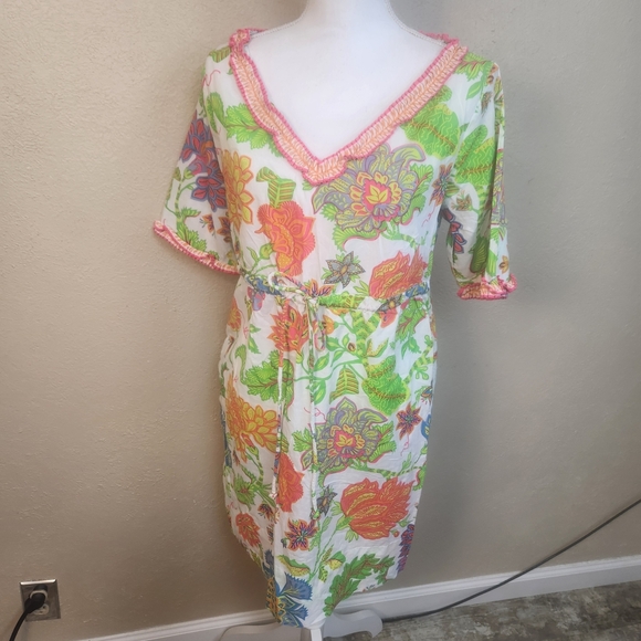 Gretchen Scott Designs Dresses & Skirts - Gretchen Scott Colorful Floral V-Neck Dress Cover Up Ruffle Trim Medium (5819)